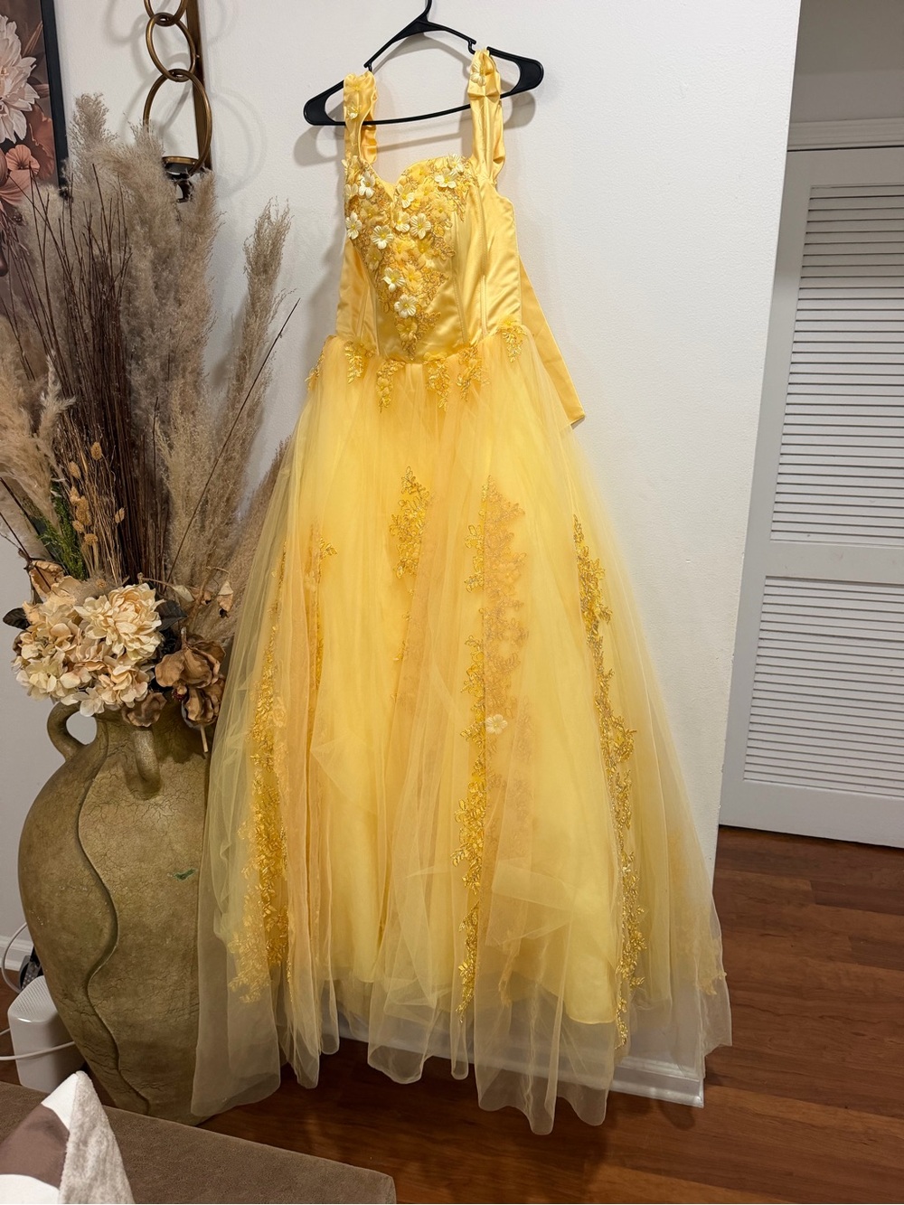 PromGirl Yellow Floral Appliqué Tulle Gown for Girls
